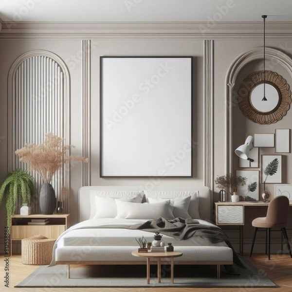 Fototapeta Bedroom sets have template mockup poster empty white with Bedroom interior and a desk and a framed picture art photo photo photo lively.