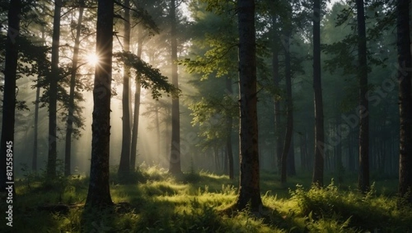 Fototapeta photo of forest scenery with many trees in the morning made by AI generative