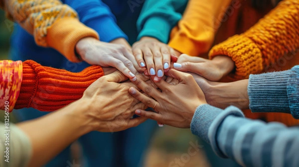 Fototapeta Close up of people hands from team building at wellness retreat with community and support. Volunteer, trust and solidarity concept
