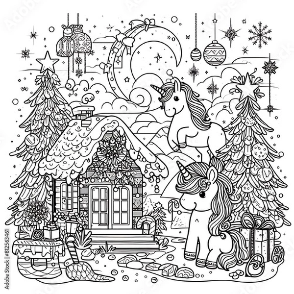 Obraz A coloring page of a house with unicorns image art realistic photo photo illustrator.