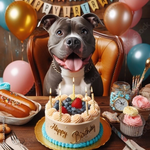 Obraz A dog sitting in front of birthday cards cake realistic photo attractive illustrator