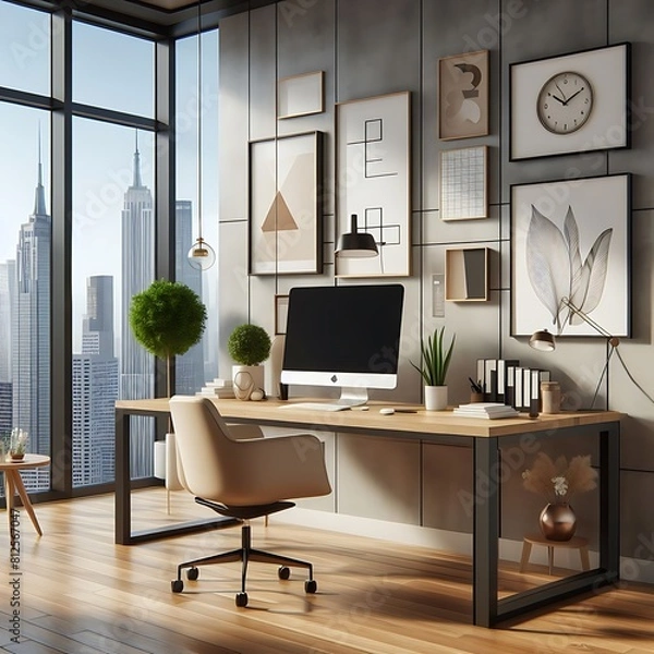 Fototapeta A desk with a computer and a chair in front of a window image art photo lively.