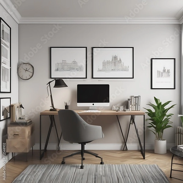 Fototapeta A desk with a computer and a plant in front of it image art photo used for printing.