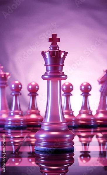 Obraz Chess queen standing prominently among pawns on reflective surface with purple hue. Strategic leadership theme. Design for business strategy presentations, game theory education.