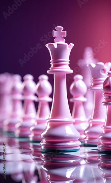 Obraz Pink chess queen standing tall among pawns on a pink background. Focus on strategy and leadership in games. Design for thematic strategy game content, leadership training materials