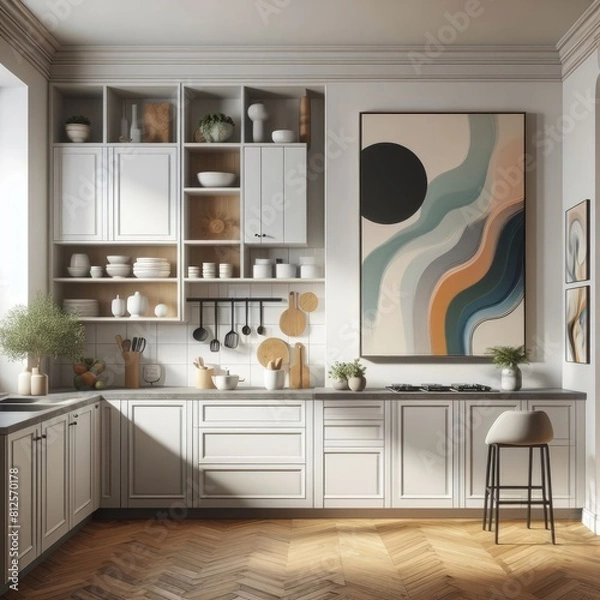 Fototapeta A kitchen have mockup poster empty white with white cabinets and a painting image realistic harmony lively used for printing illustrator.