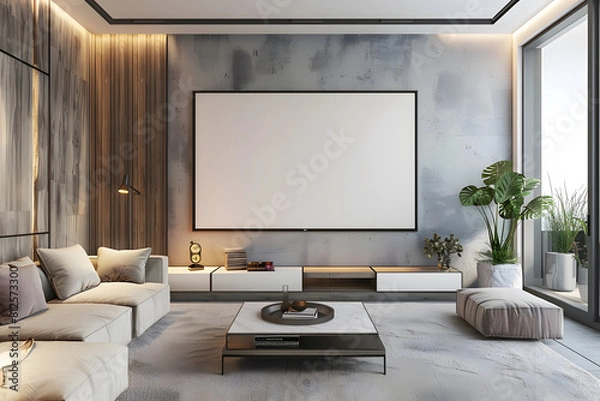 Fototapeta Mockup poster frame on the wall of living room. Luxurious apartment background with contemporary design. Modern interior design. 3D render, mock up. Generative Ai.