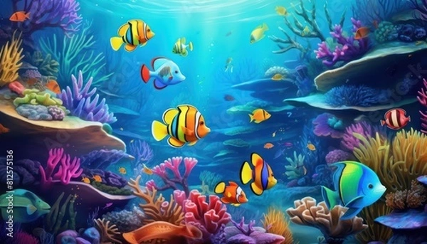 Fototapeta Tropical fish in the underwater, coral reef, amazing underwater life, various fish and exotic coral reefs, ocean wild creatures background