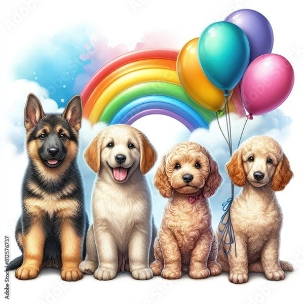 Obraz Many puppies with balloons image art art harmony has illustrative meaning illustrator.