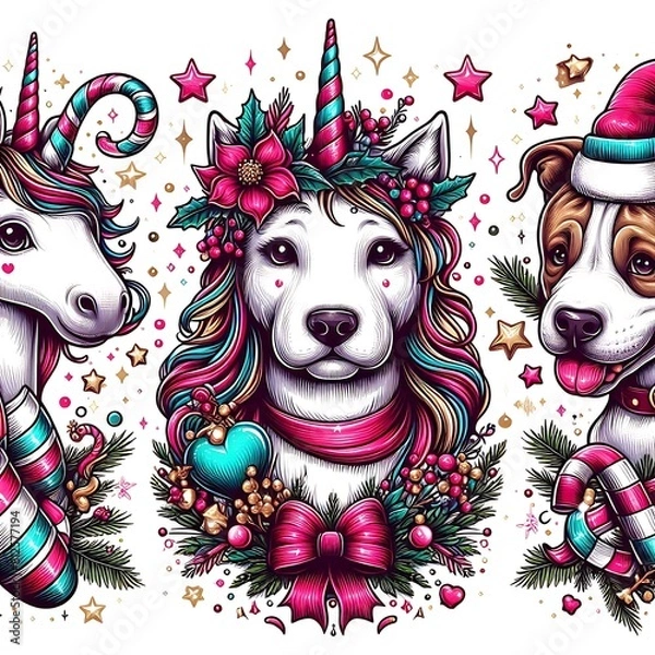 Obraz Many unicorns with christmas decorations art attractive harmony used for printing illustrator