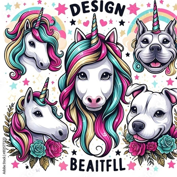 Obraz Many unicorns with colorful hair and a dog art attractive harmony lively used for printing illustrator.