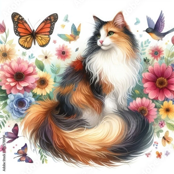 Fototapeta A cat and butterflies in a garden attractive lively card design illustrator