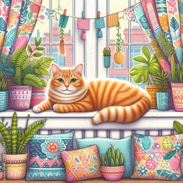 Fototapeta A cat lying on a window sill photo photo attractive harmony illustrator.