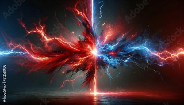 Fototapeta 赤と青の雷. バーサス背景. Red and blue lightning. Versus background. AI generated.