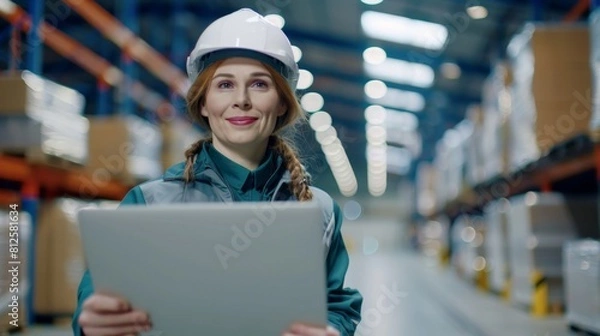 Fototapeta A woman in a hard hat smiling and holding a tablet standing in a warehouse with shelves of boxes in the background.