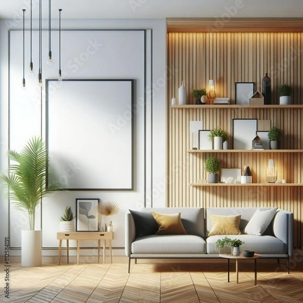 Fototapeta A Room with a template mockup poster empty white and with a couch and shelves image art realistic used for printing.