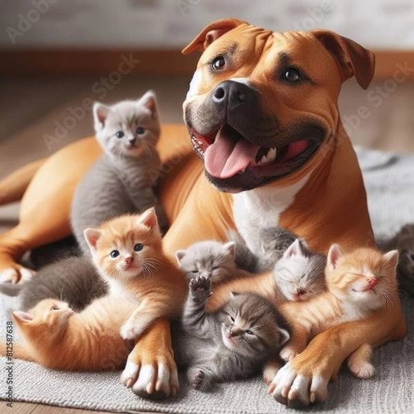 Fototapeta A dog lying with Many kittens image realistic lively illustrator.