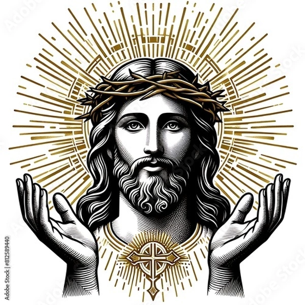 Obraz A drawing of a jesus christ with a crown of thorns image art photo harmony card design illustrator.