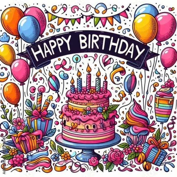 Fototapeta A colorful birthday card with a cake and balloons art harmony card design illustrator illustrator.