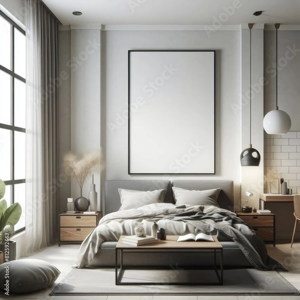 Fototapeta Bedroom sets have template mockup poster empty white with Bedroom interior and a table art realistic photo harmony.