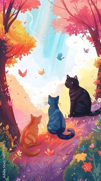 Fototapeta Autumn Forest Cats Exploring Whimsical Enchanting Fairytale Landscape
