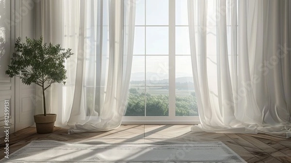 Fototapeta Elegant interior scene featuring a bright, airy room with white curtains framing a large window that opens to a scenic rural view.
