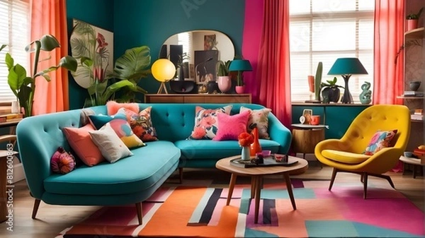 Fototapeta An eclectic and vibrant living room with strong flashes of colour and a mix of modern and vintage furniture, all inspired by mid-century modern style
