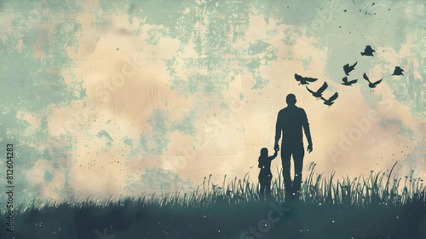 Fototapeta fathers day painting silhouette with dad and son on watercolor background.father and child in the sunset watercolor card design.generative ai	
