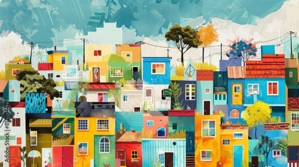 Fototapeta A colorful painting of a cityscape with houses of different colors. The mood of the painting is lively and cheerful