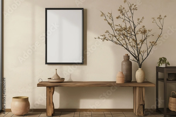 Fototapeta 3d rendering, a black framed poster mockup on the wall of an empty modern hallway, with a wooden console table and vases with flowers, white background