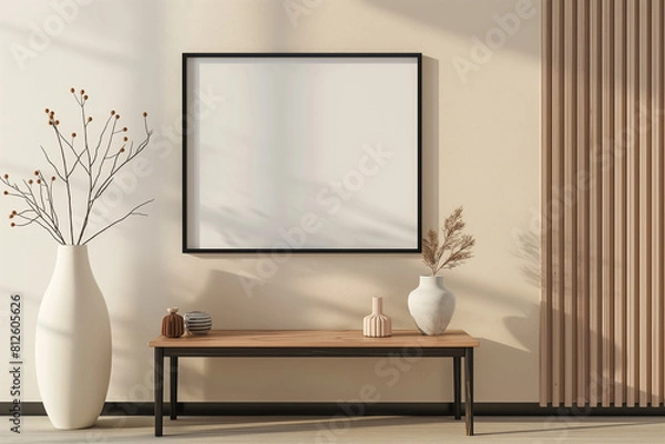 Fototapeta 3d rendering, a black framed poster mockup on the wall of an empty modern hallway, with a wooden console table and vases with flowers, white background