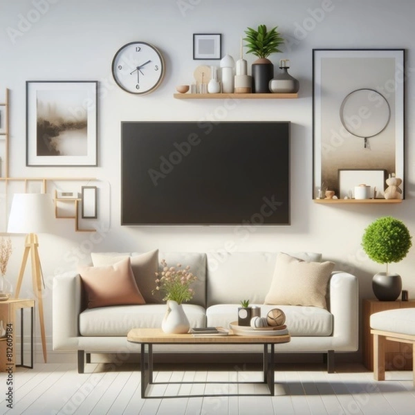 Fototapeta A living room with a template mockup poster empty white and with a tv and a couch art harmony.