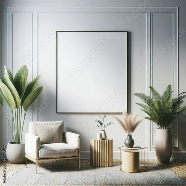 Fototapeta A Room with a template mockup poster empty white and with a chair and plants standardscalex art lively card design.