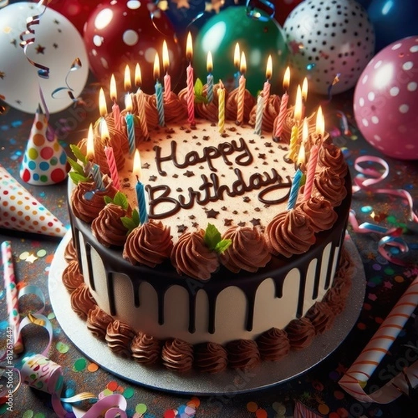 Obraz birthday cards cake with candles and balloons image art art photo card design illustrator.
