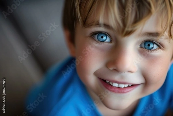 Fototapeta Close-up portrait of a happy child with bright blue eyes and a captivating smile