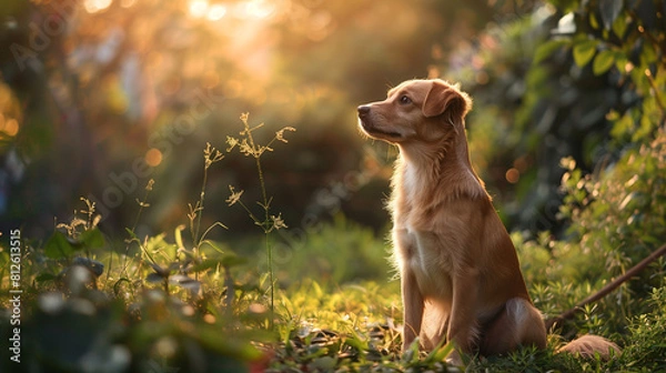 Fototapeta A brown dog sits in the grass, looking up at the sky.