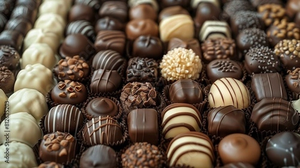 Fototapeta   A close-up of a chocolate tray with white and dark chocolates arranged neatly