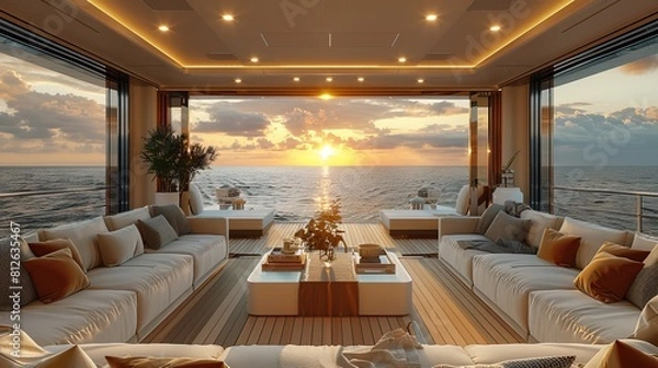 Fototapeta Sofas and dining area on the deck of a luxury yacht with blue accents. View from inside to outside during golden hour lighting. Yacht interior design concept. High resolution photography. 