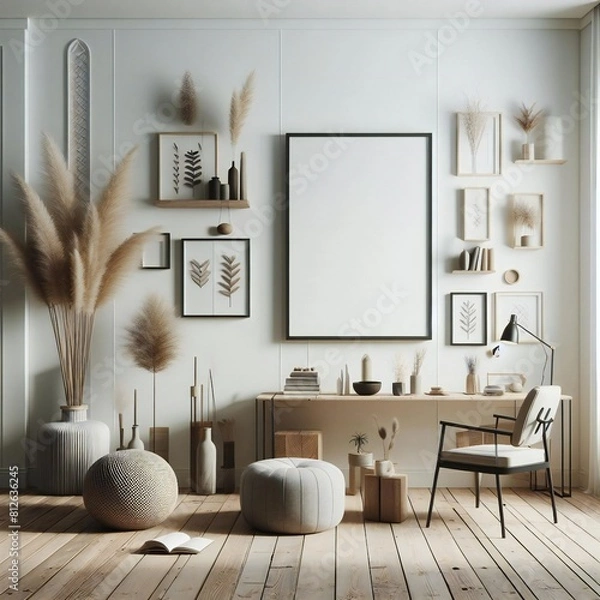 Fototapeta A Room with a template mockup poster empty white and with a desk chair and a picture frame realistic photo used for printing.