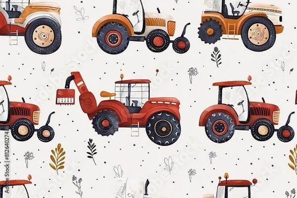 Fototapeta 
Seamless pattern with tractors, wallpaper background. Design for clothing, bedding, underwear, pajamas, banner, textile, poster, card and scrapbook