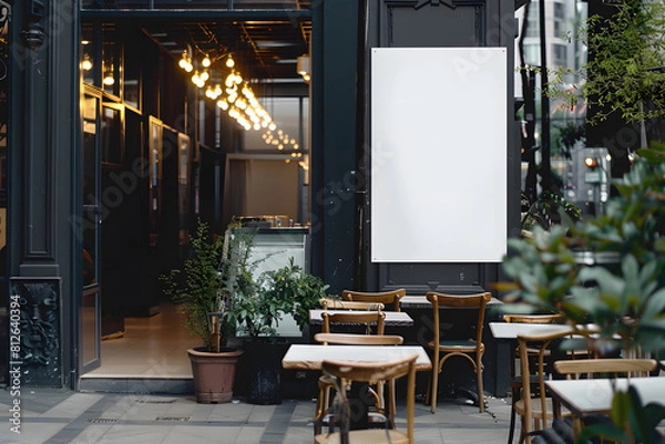 Obraz White paper poster mockup displayed outside the building restaurant mockup. Generative Ai.