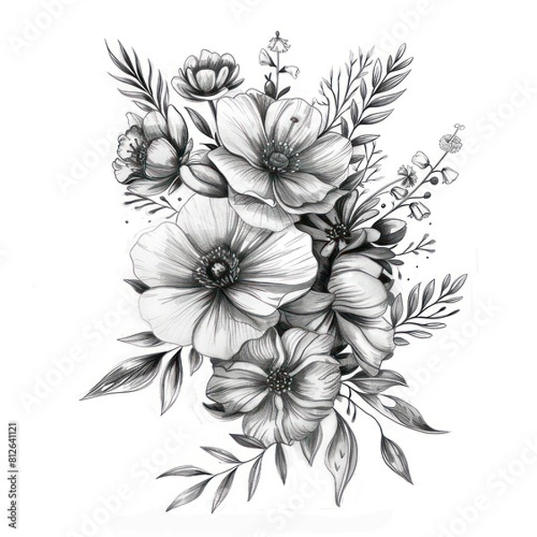 Fototapeta This piece depicts a lush floral arrangement expertly sketched in pencil, showcasing depth and realistic textures