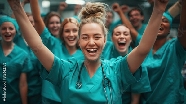 Fototapeta Portrait of successful medical students standing together in a hospital, wearing matching scrubs and displaying a happy expression	
