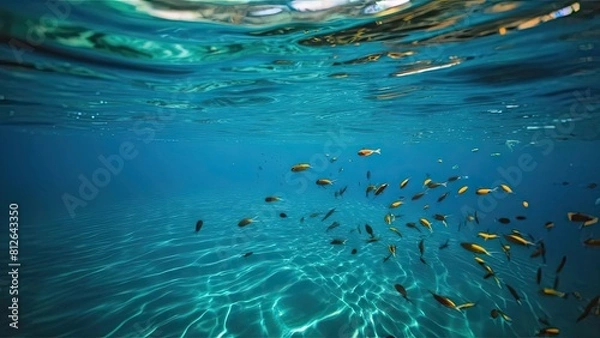 Fototapeta Blue green surface of the ocean with gentle ripples on the surface and light refracting