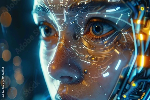 Fototapeta Artificial intelligence, futuristic digital technology human and robot face close up, digital smart world metaverse concept