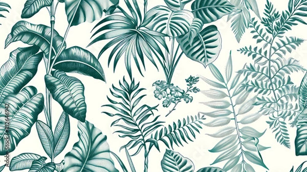 Obraz Vintage Jungle Dreams: Detailed Line Art of Tropical Flora and Fauna in Teal Green on Cream Background  - Seamless tile. Endless and repeat print.