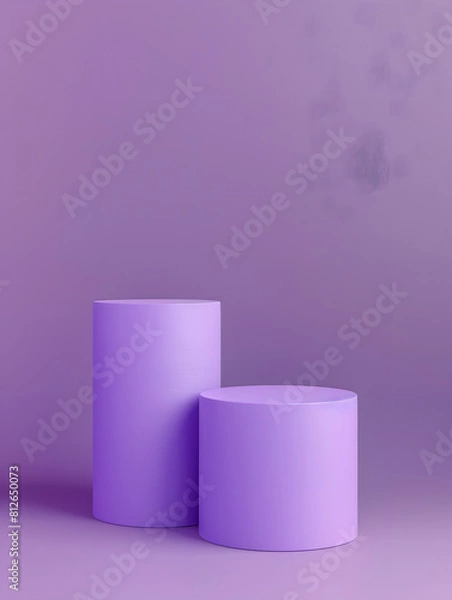 Fototapeta 3D rendering purple colour minimal concept double cylinder pedestal or podium for product showcase display on empty background. 3D mockup illustration. Generative Ai.