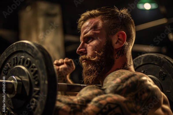 Fototapeta Bearded Man Lifting Barbell. Generative AI