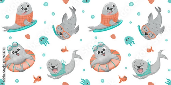 Fototapeta seals seamless pattern, Summer beach pattern for printing on fabric, textiles, sea ​​lion, wrapping paper for children, water ocean animals pattern, underwater sea life, pinnipeds, walrus sea lion