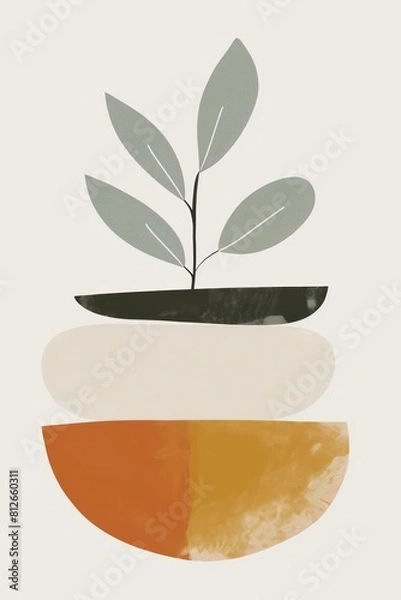 Fototapeta An artistic composition of a minimalist plant placed over geometric shapes in warm and neutral tones, suitable for modern decor